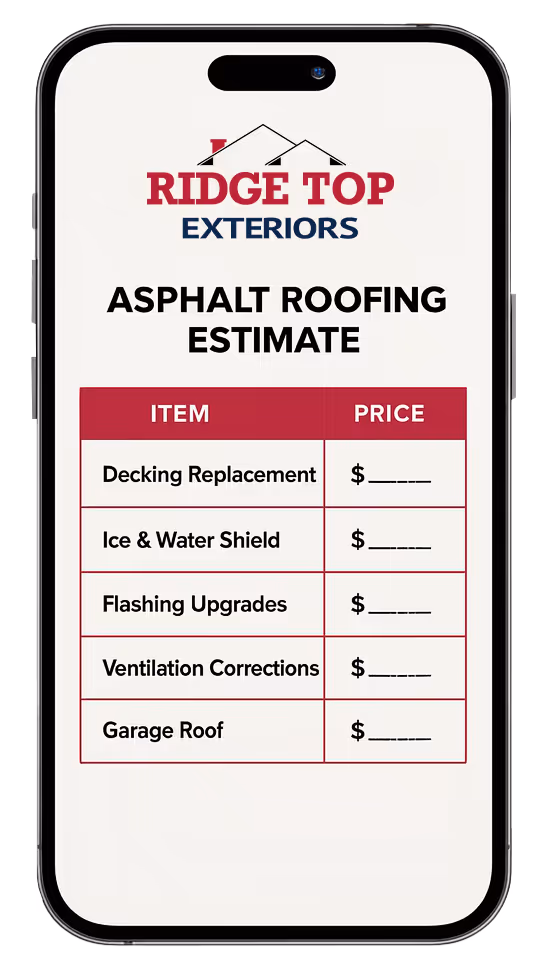 Asphalt shingle roof assembly diagram showing underlayment, ice and water shield, ridge/hip caps, and ventilation